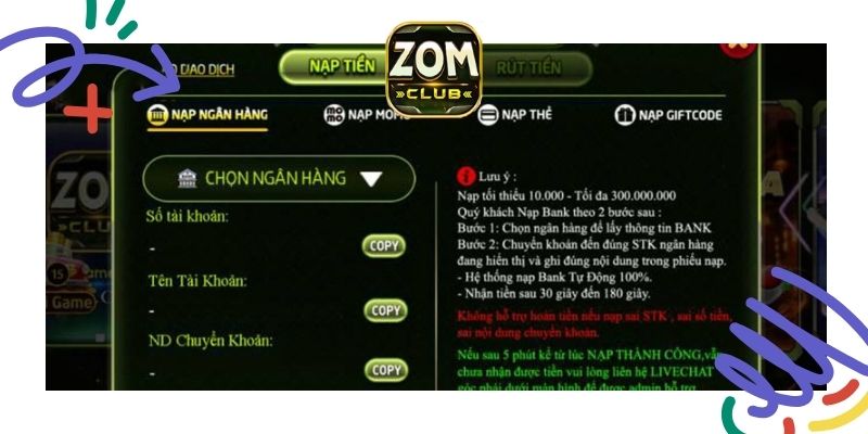 Các bước nạp tiền vào tài khoản Zomclub