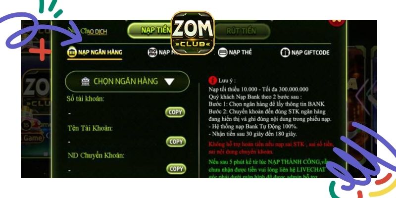 Các bước nạp tiền vào Zomclub